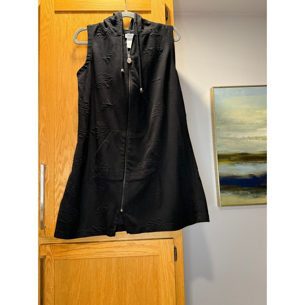 Dotti Black Sleeveless Hooded Cover Up Shell Texture Zip Front Large Beach Vaca